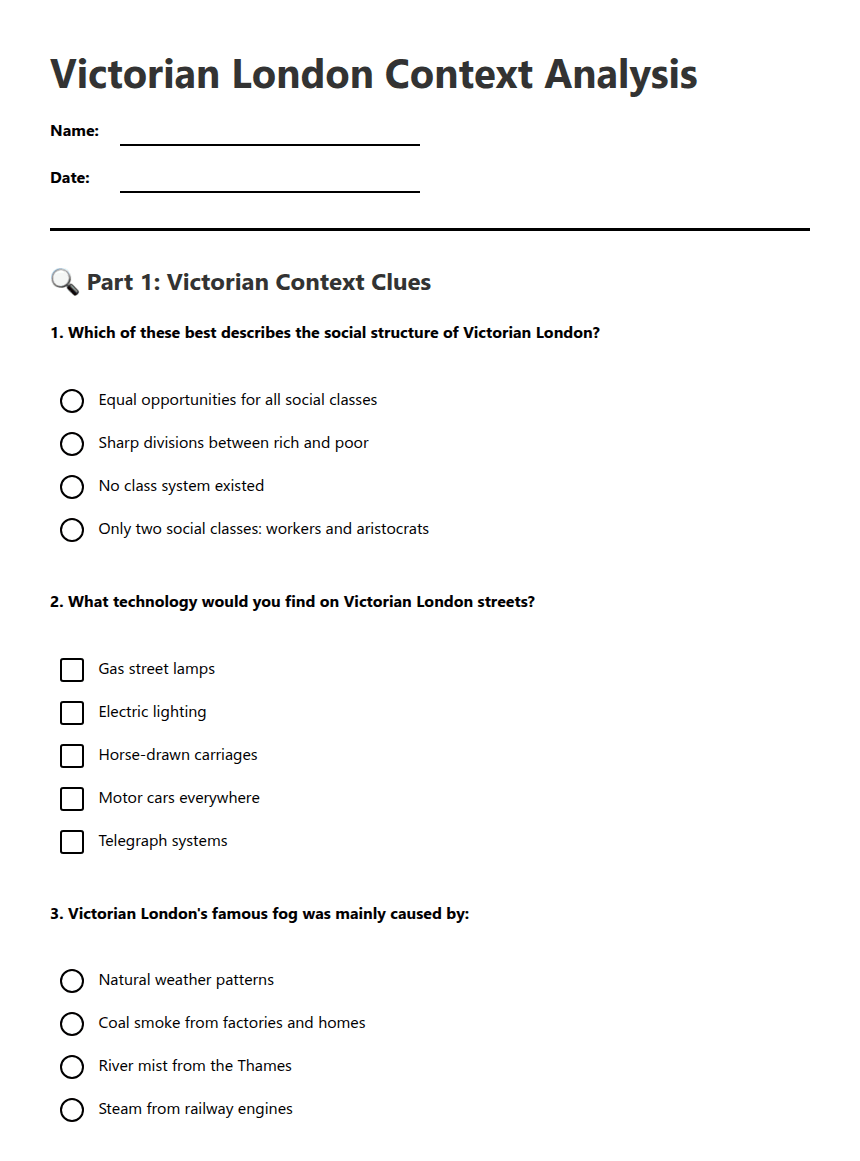 Victorian London Context Analysis worksheet preview
