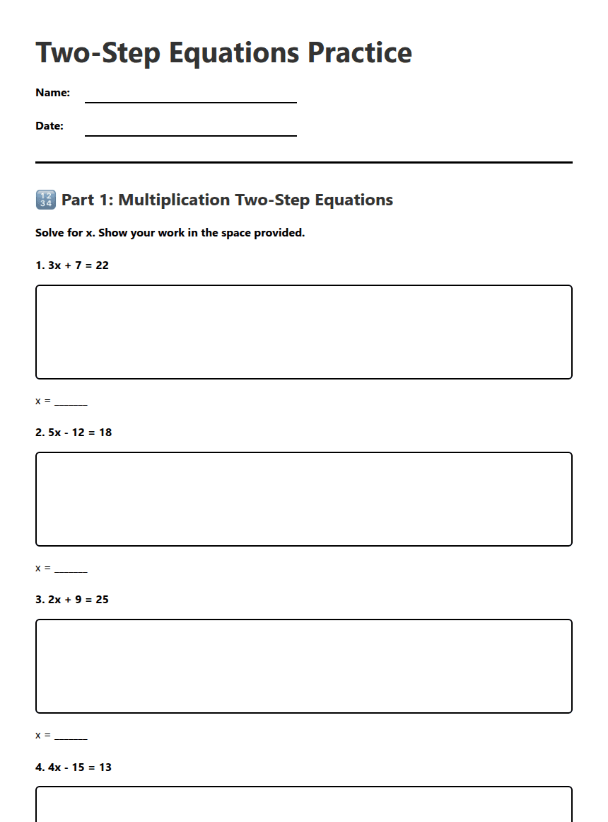 Two-Step Equations Practice worksheet preview