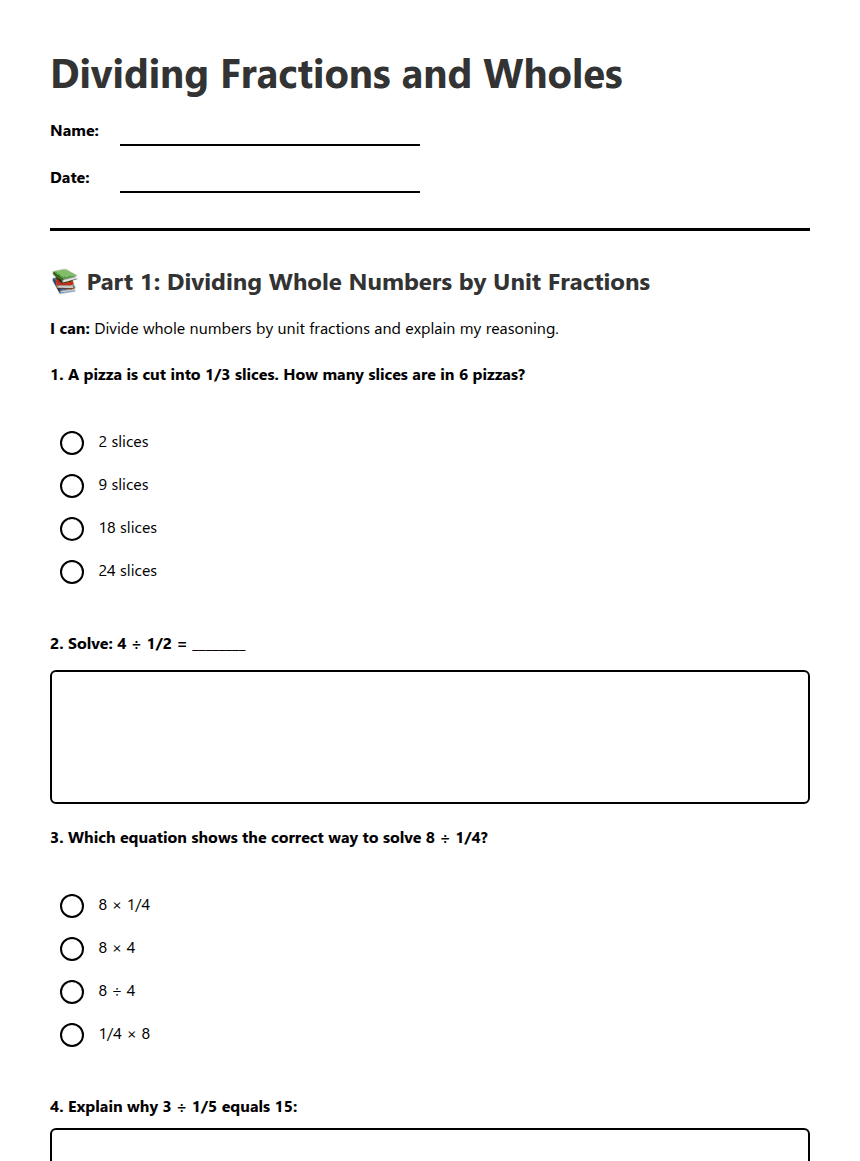 Dividing Fractions and Wholes worksheet preview