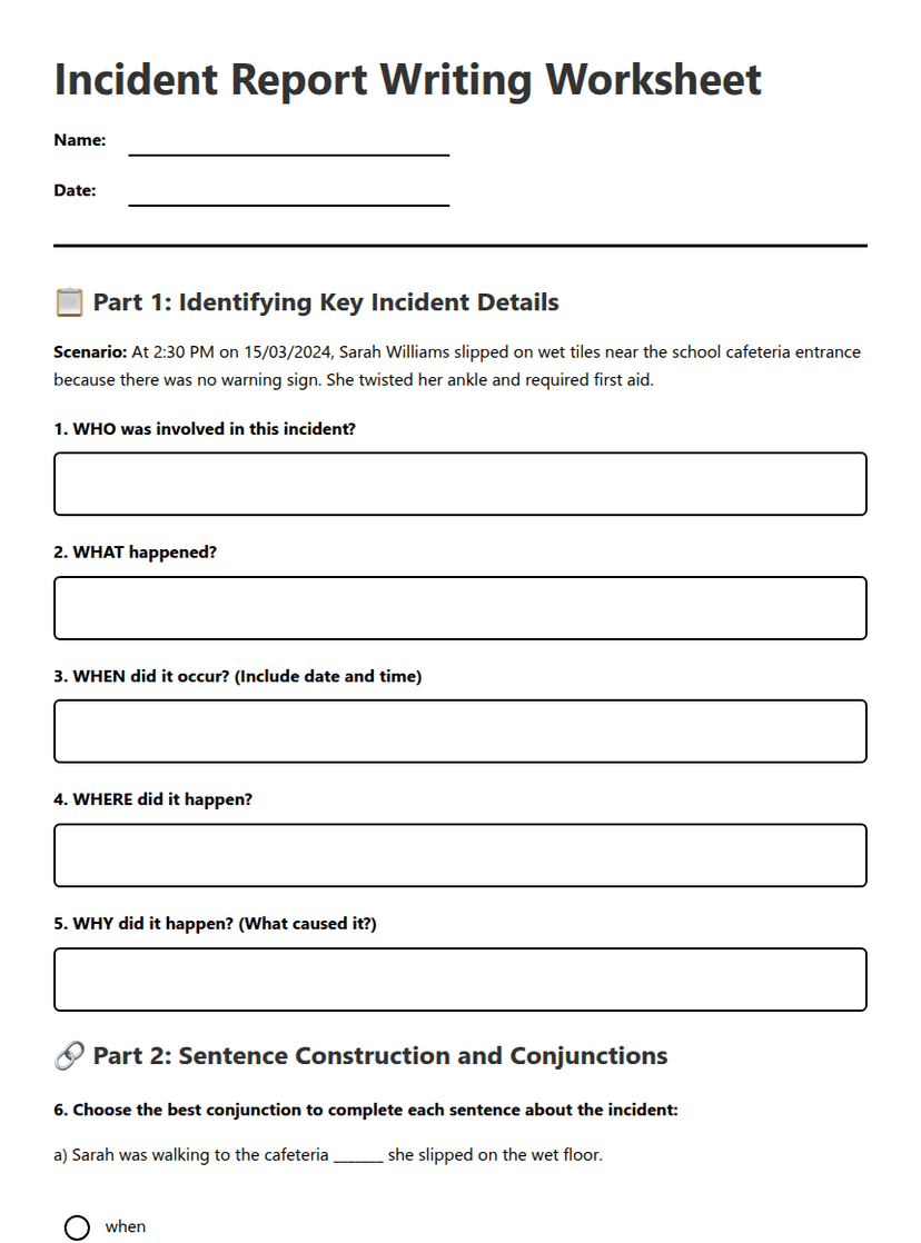 Incident Report Writing Worksheet