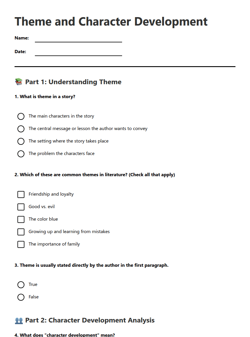 Theme and Character Development worksheet preview