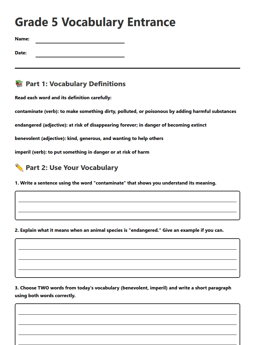 Grade 5 Vocabulary Entrance worksheet preview