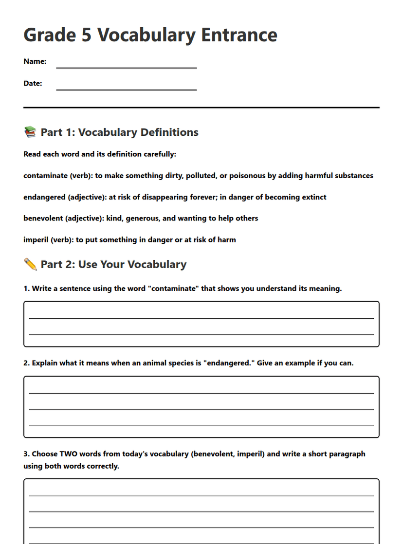 Grade 5 Vocabulary Entrance