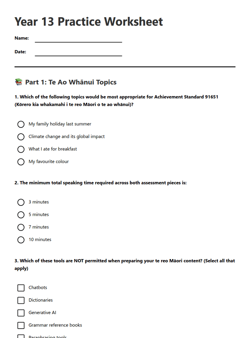 Year 13 Practice Worksheet