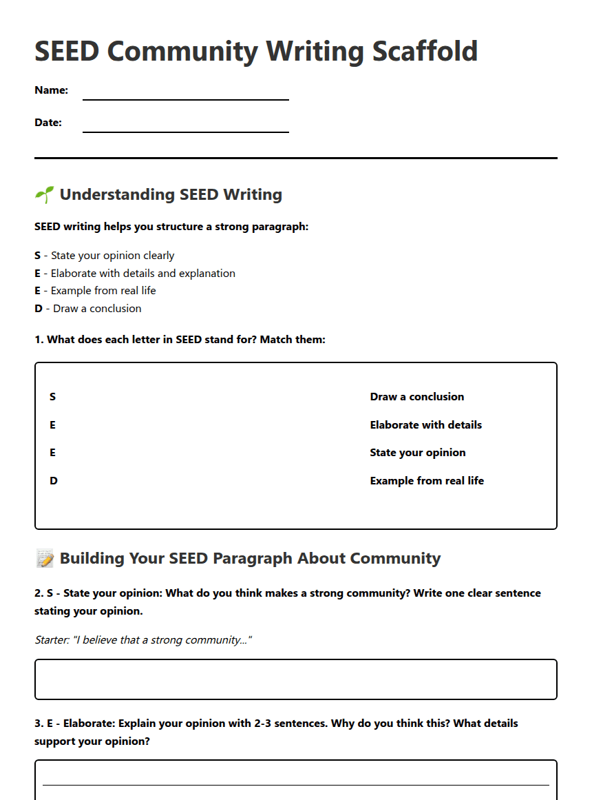 SEED Community Writing Scaffold worksheet preview