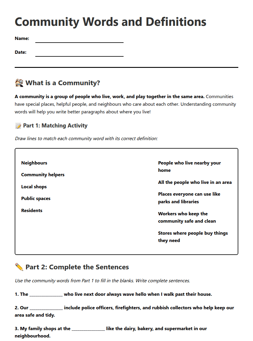 Community Words and Definitions worksheet preview