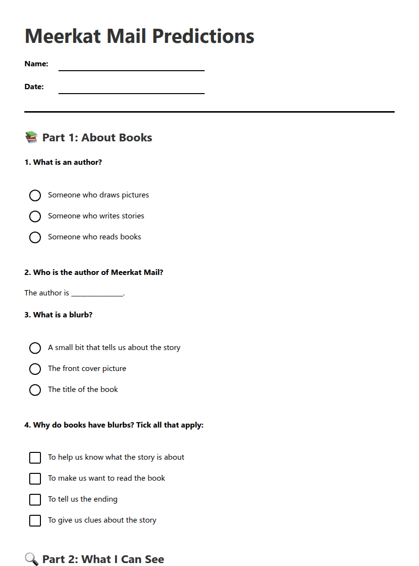 Meerkat Mail Predictions worksheet preview
