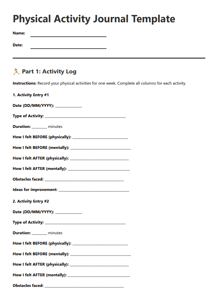 Physical Activity Journal Template worksheet preview