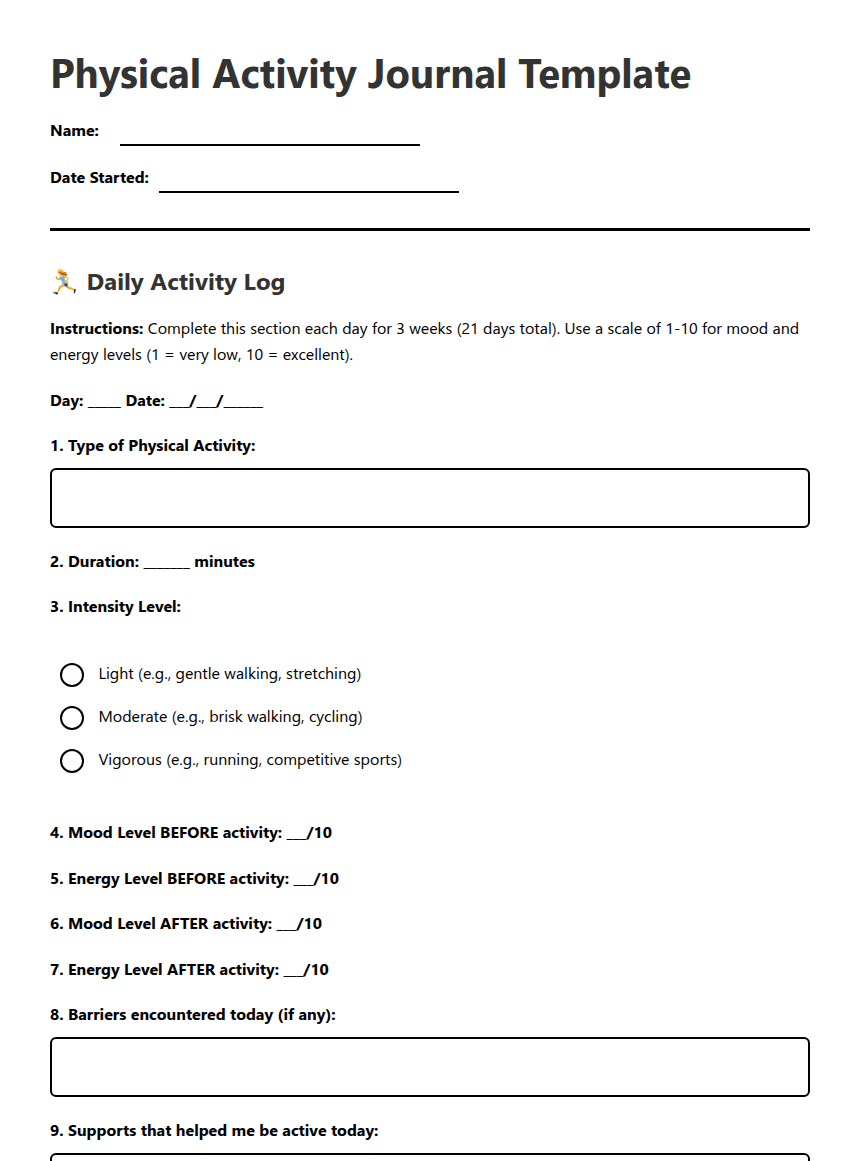 Physical Activity Journal Template worksheet preview
