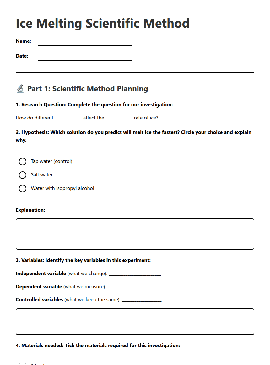 Ice Melting Scientific Method worksheet preview