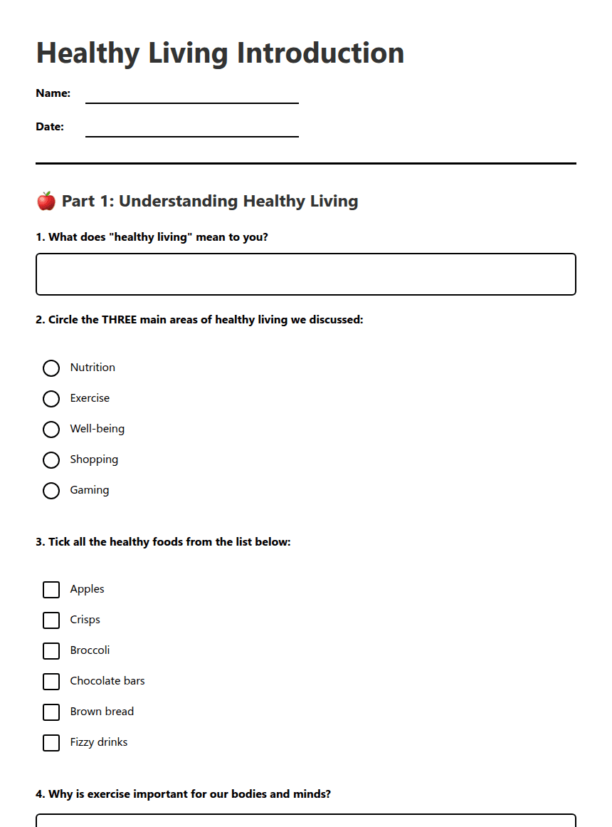 Healthy Living Introduction worksheet preview