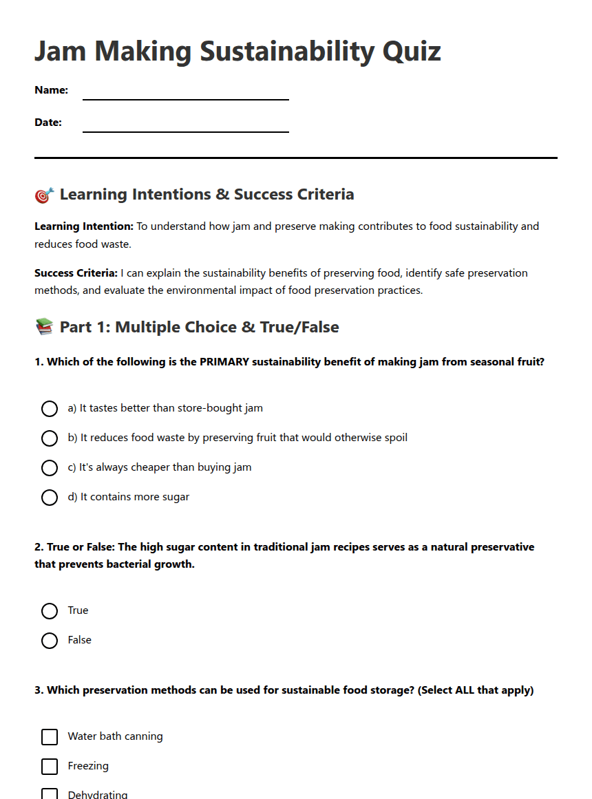Jam Making Sustainability Quiz worksheet preview