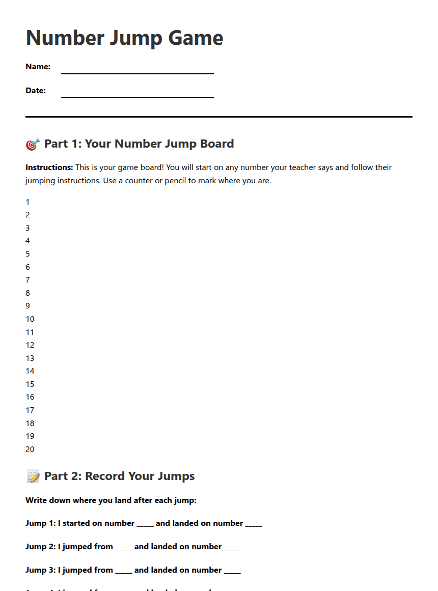 Number Jump Game worksheet preview