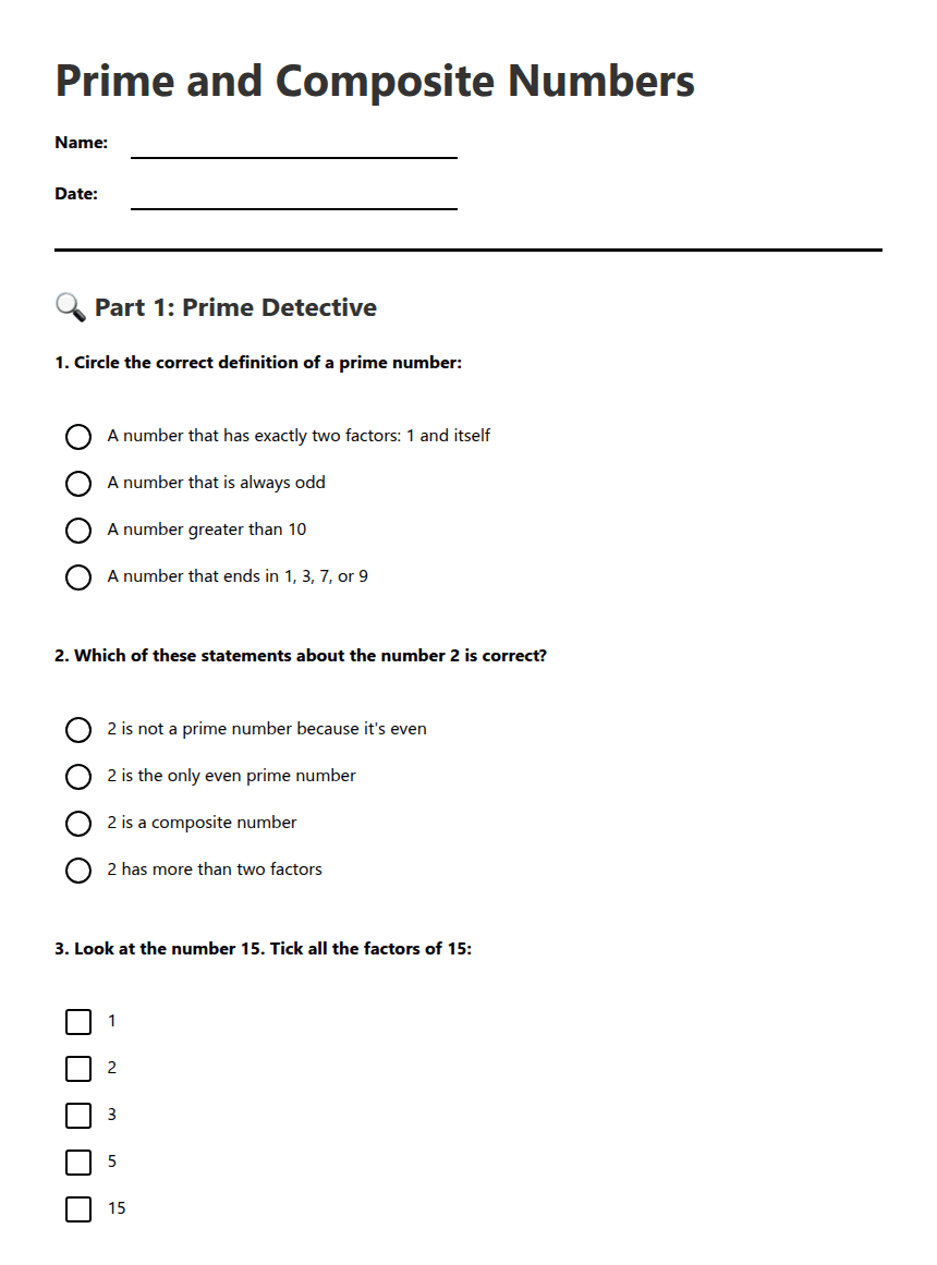 Prime and Composite Numbers worksheet preview