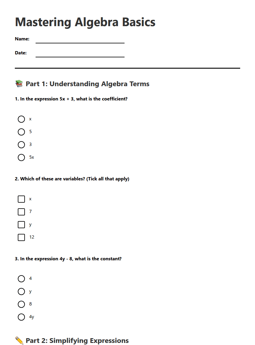 Mastering Algebra Basics worksheet preview