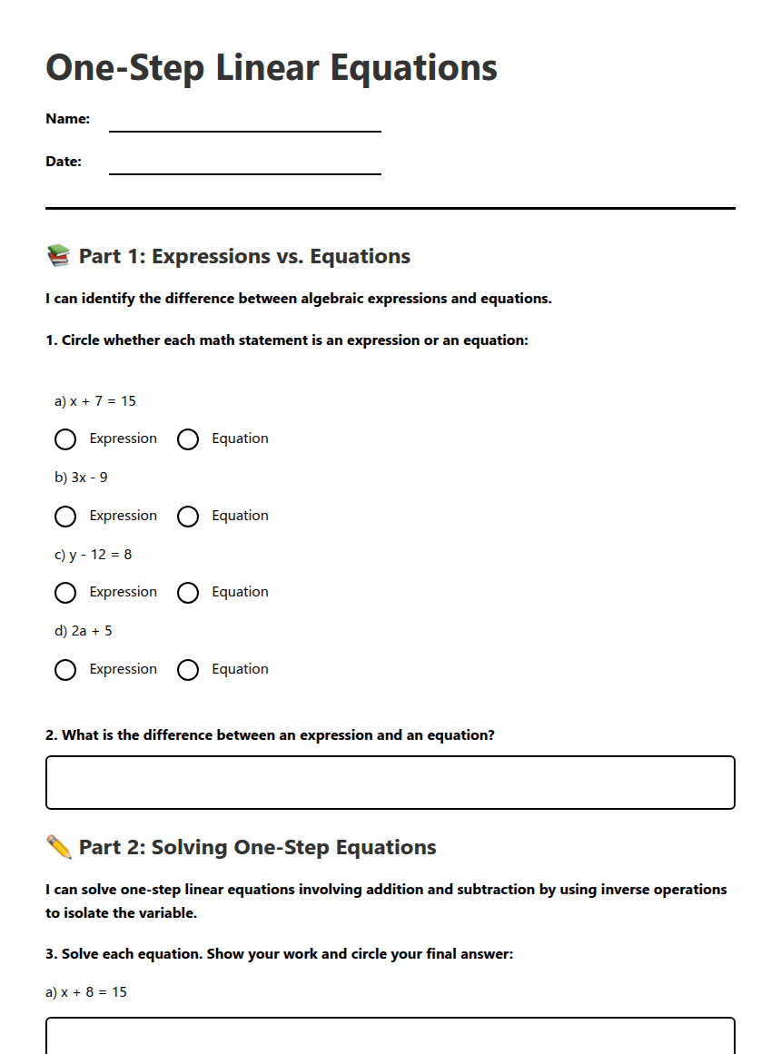 One-Step Linear Equations worksheet preview