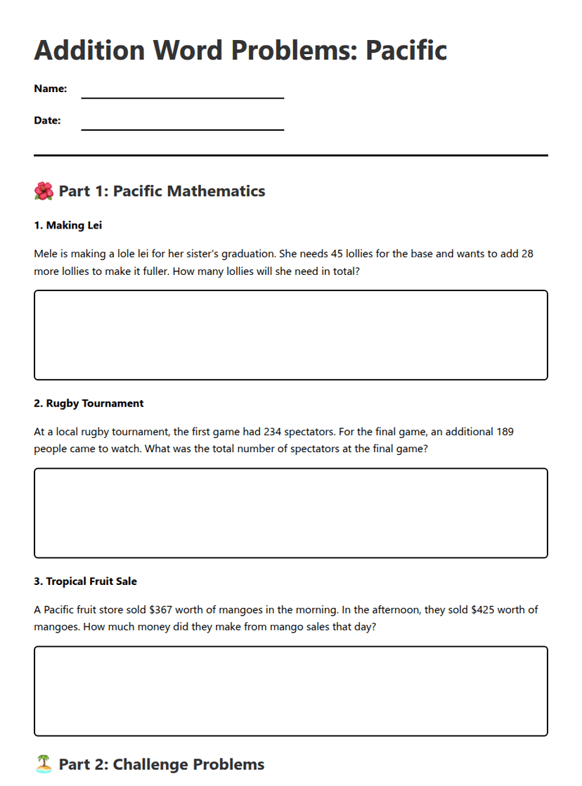 Addition Word Problems: Pacific