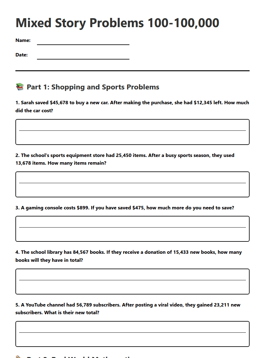 Mixed Story Problems 100-100,000 worksheet preview