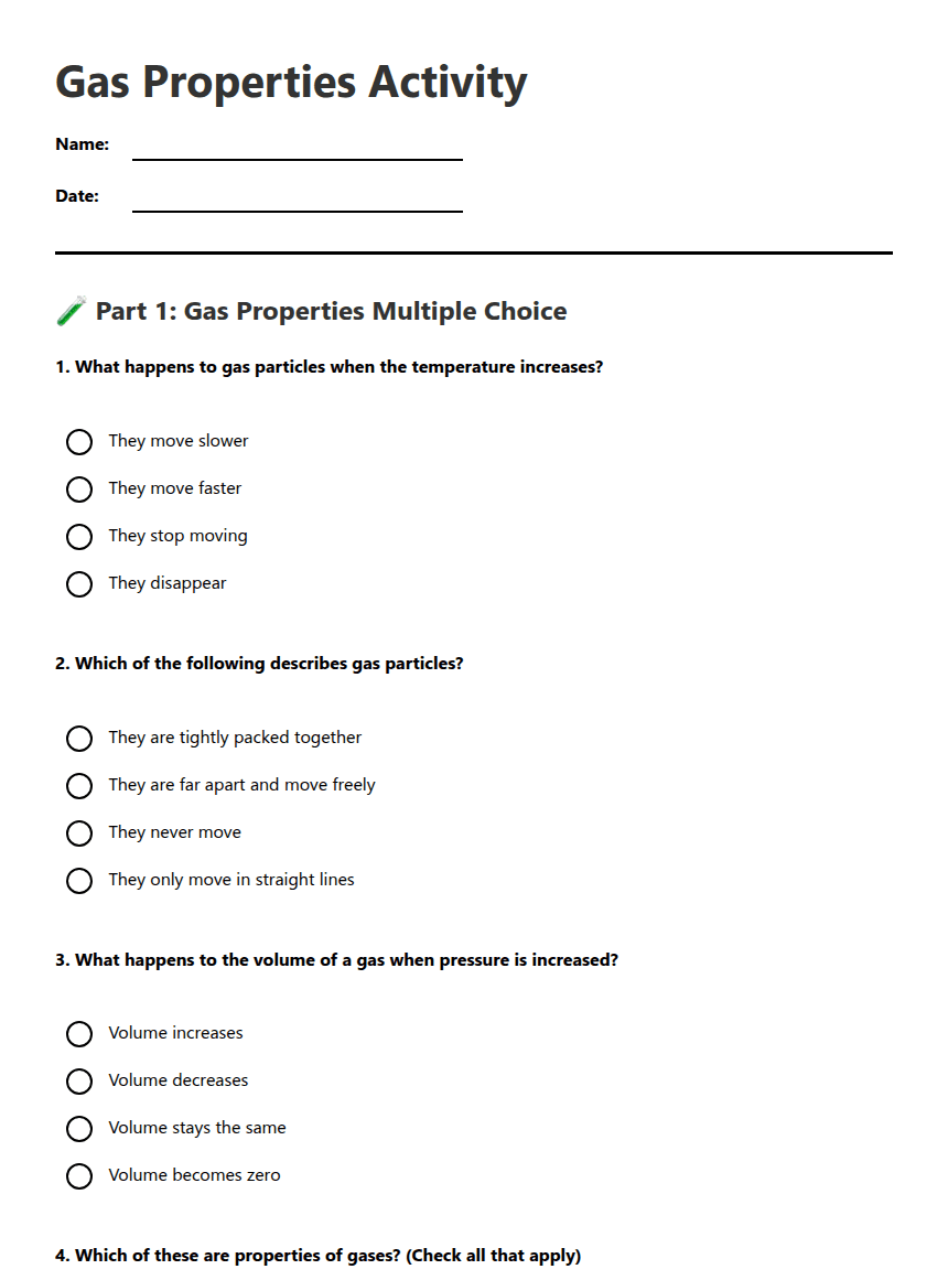 Gas Properties Activity worksheet preview