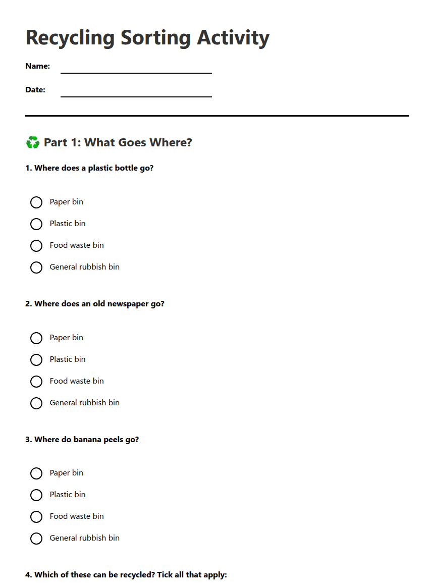 Recycling Sorting Activity worksheet preview