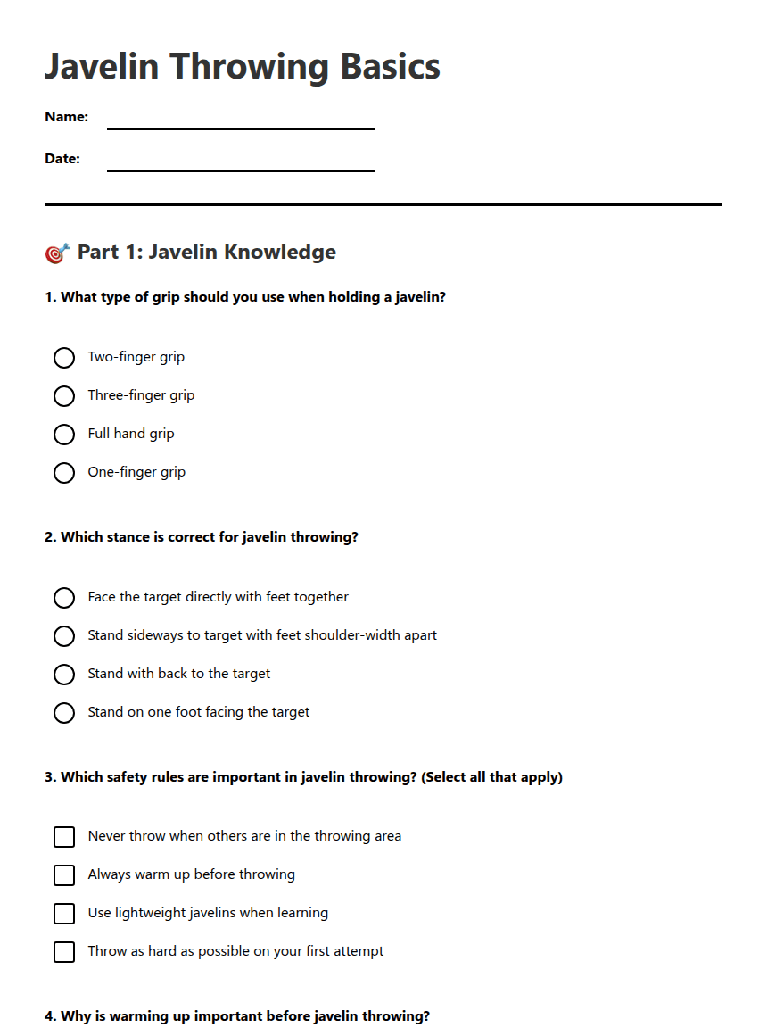 Javelin Throwing Basics worksheet preview