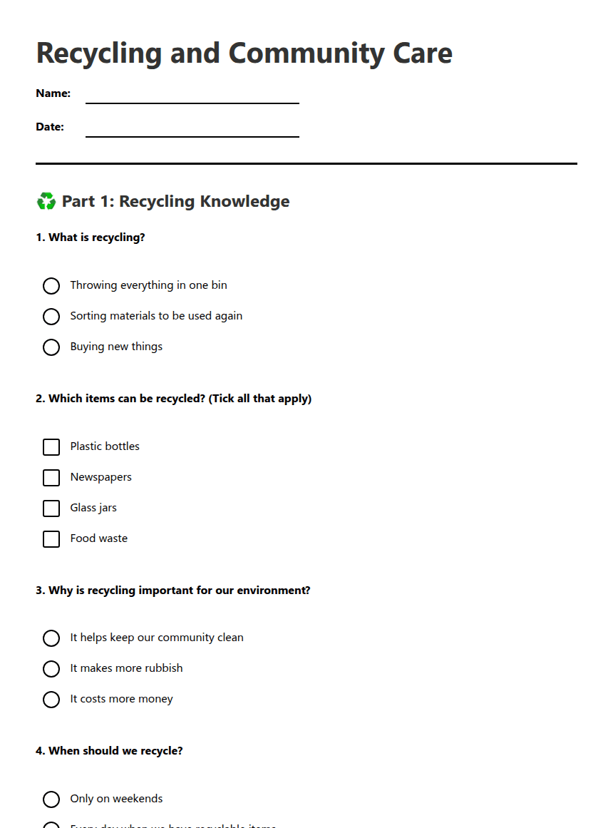 Recycling and Community Care worksheet preview