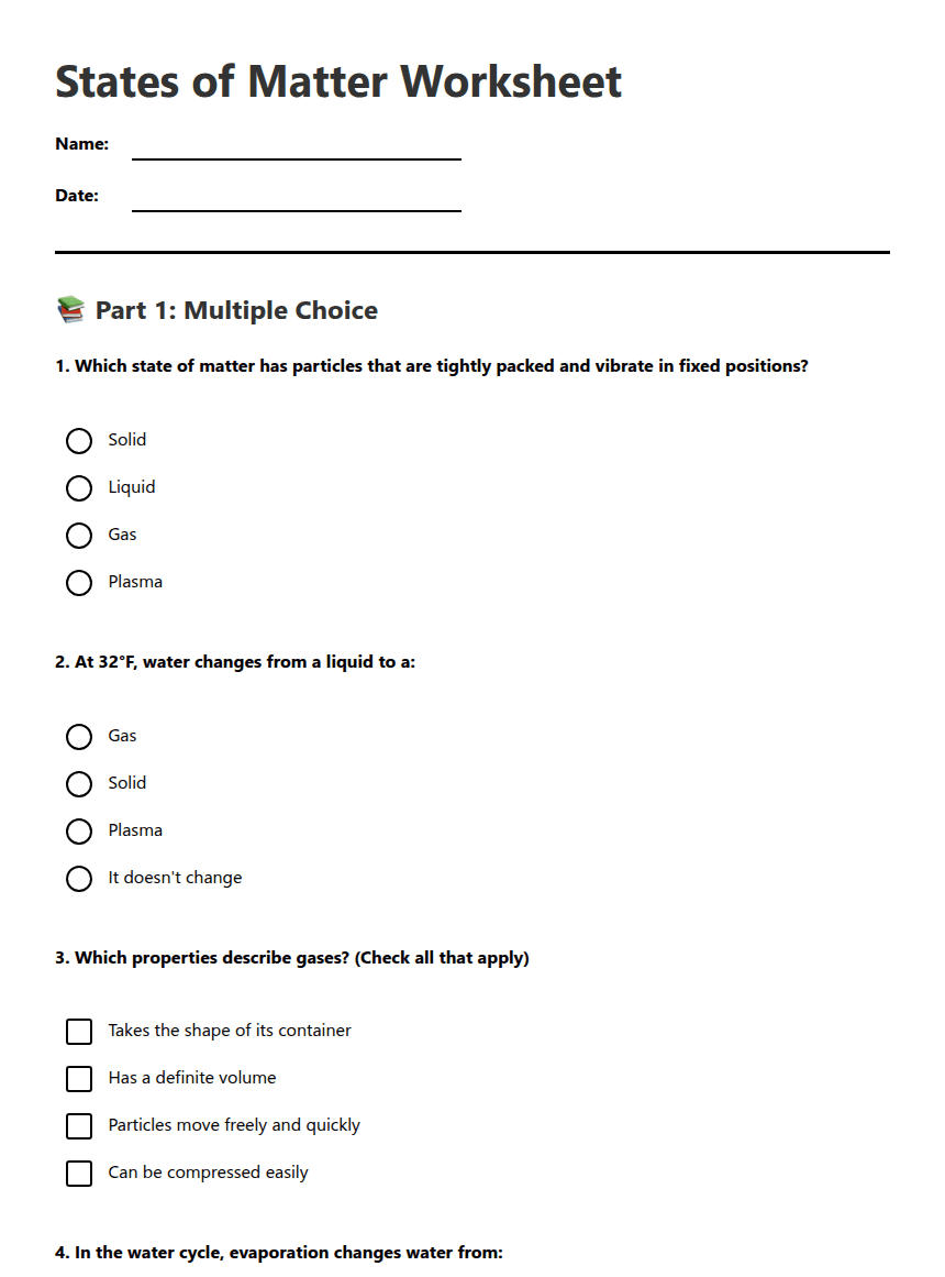 States of Matter Worksheet worksheet preview