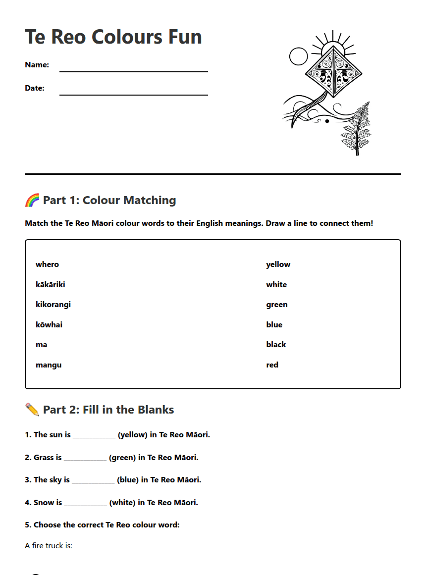 Te Reo Colours Fun worksheet preview