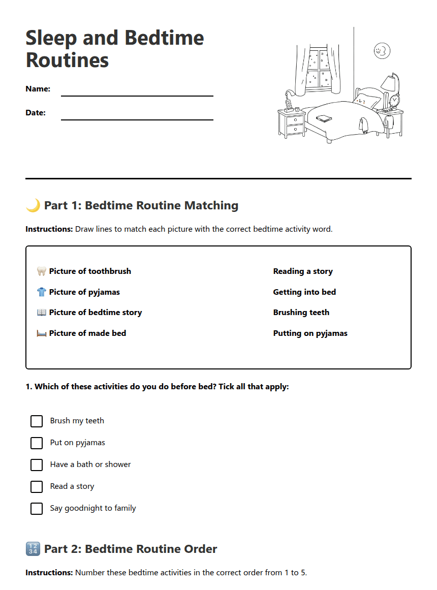 Sleep and Bedtime Routines worksheet preview
