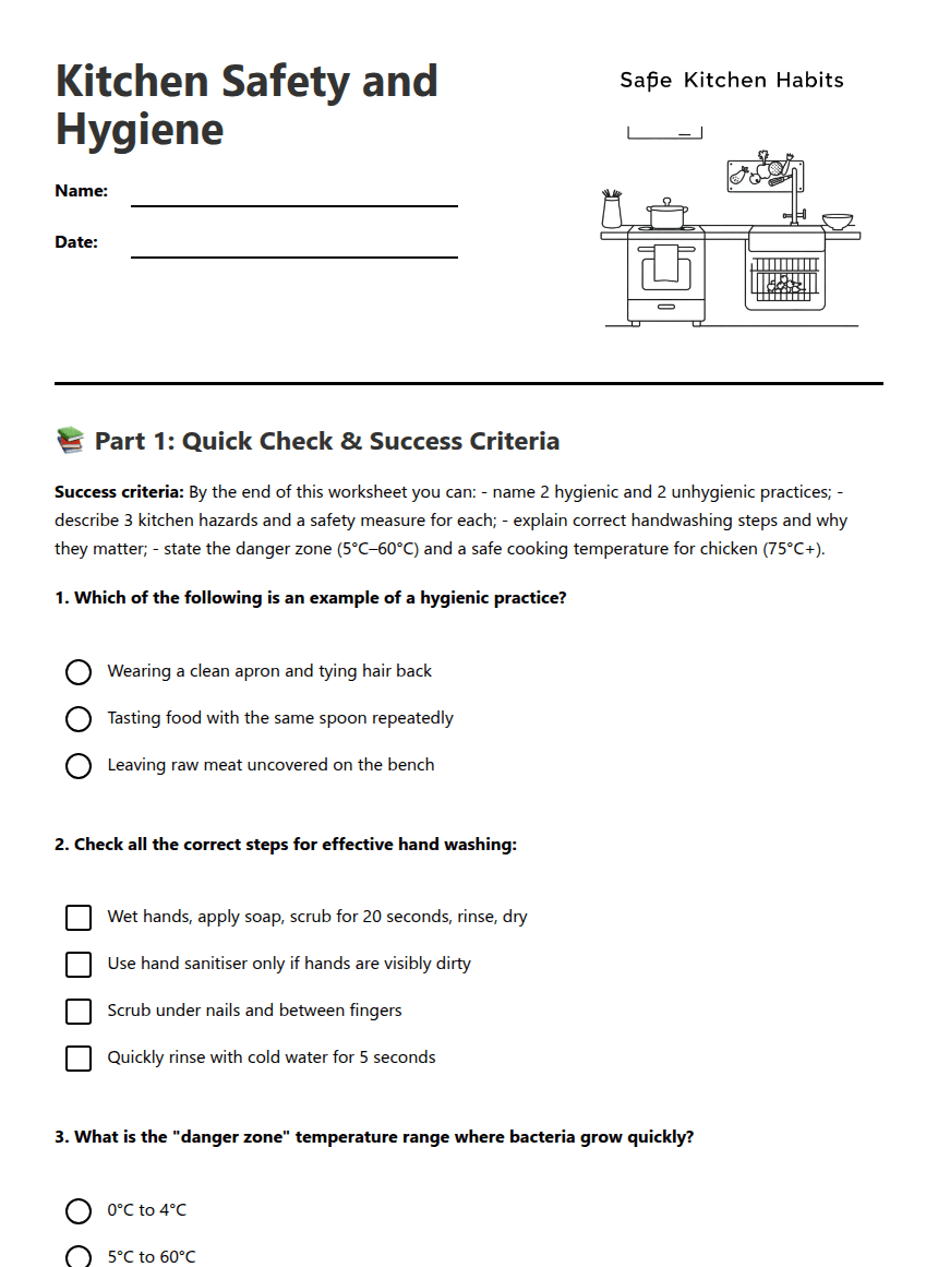 Kitchen Safety and Hygiene worksheet preview