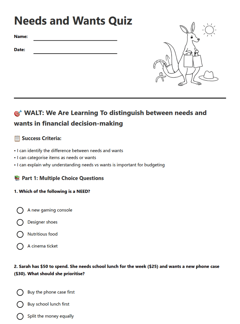 Needs and Wants Quiz