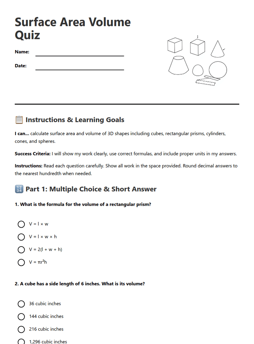 Surface Area Volume Quiz