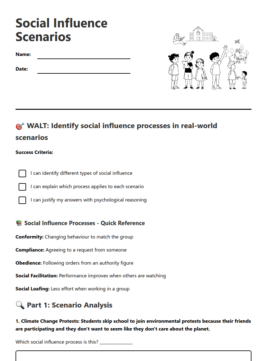 Social Influence Scenarios worksheet preview