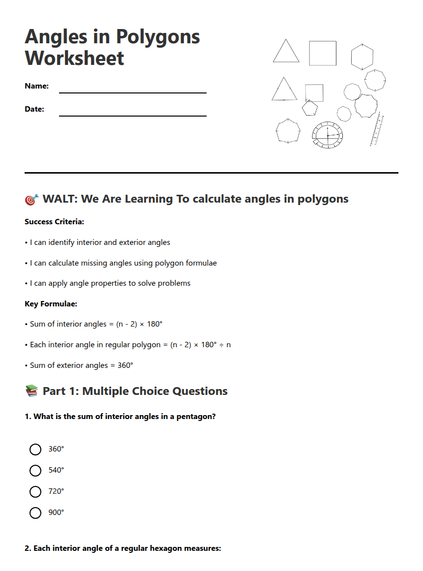Angles in Polygons Worksheet worksheet preview