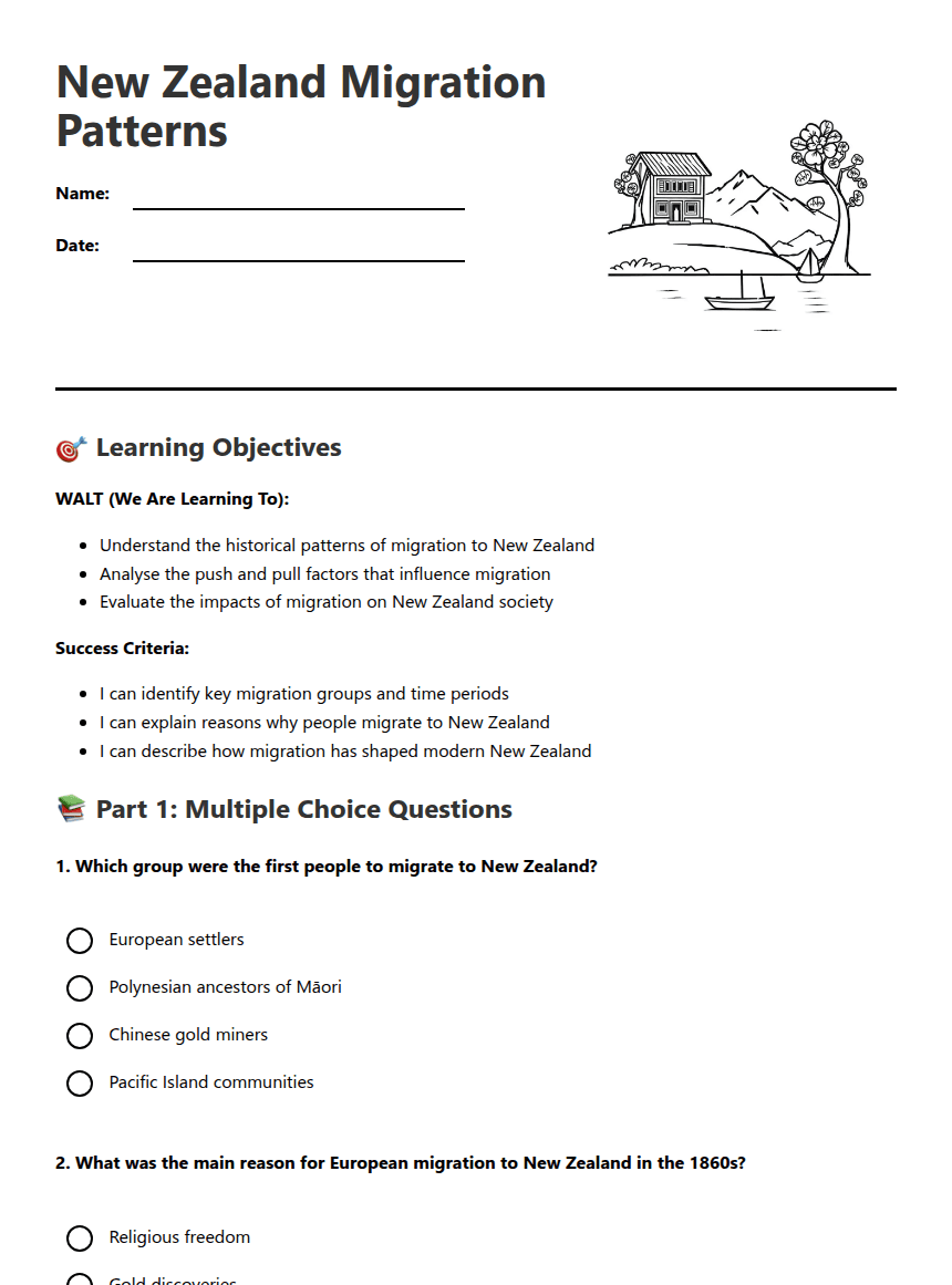 New Zealand Migration Patterns worksheet preview