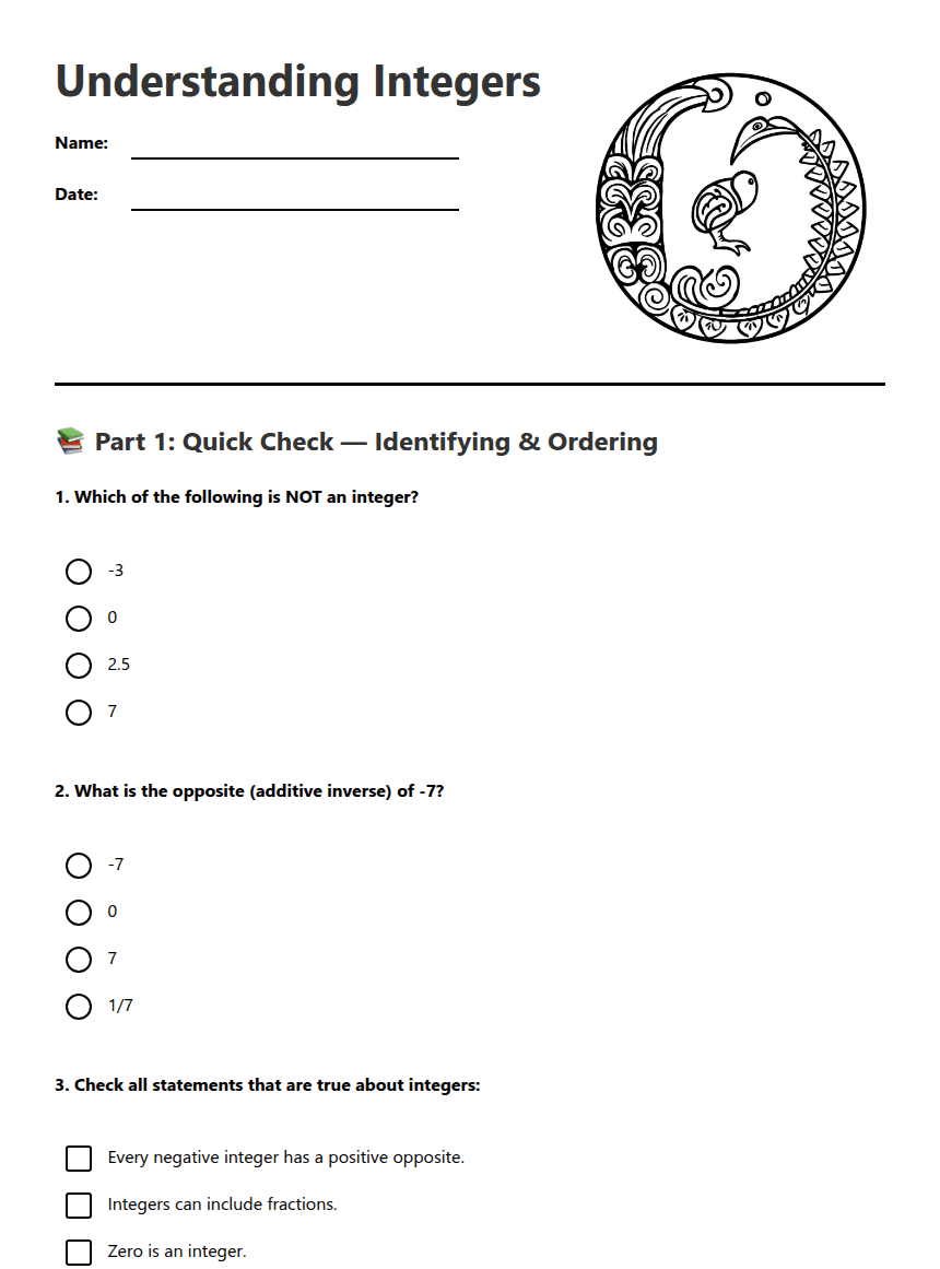 Understanding Integers worksheet preview
