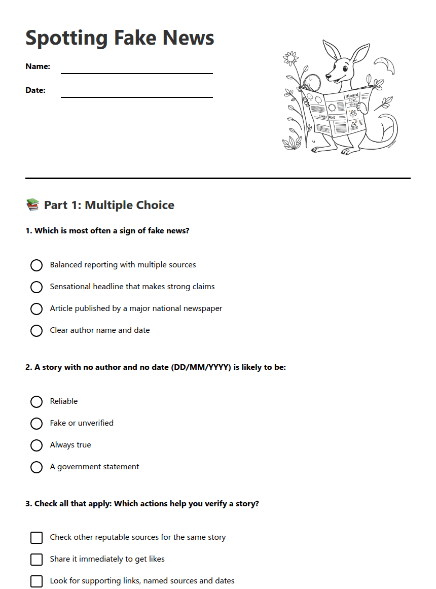 Spotting Fake News worksheet preview