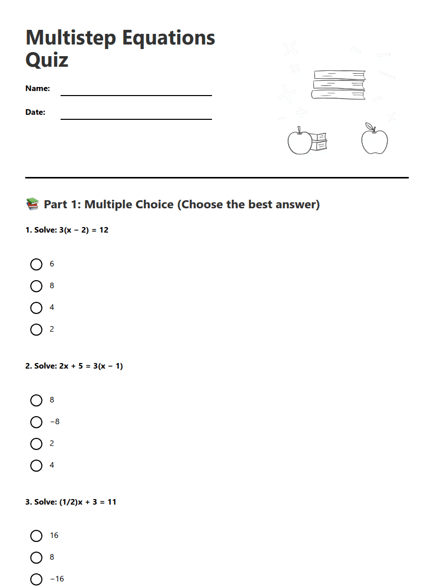 Multistep Equations Quiz worksheet preview