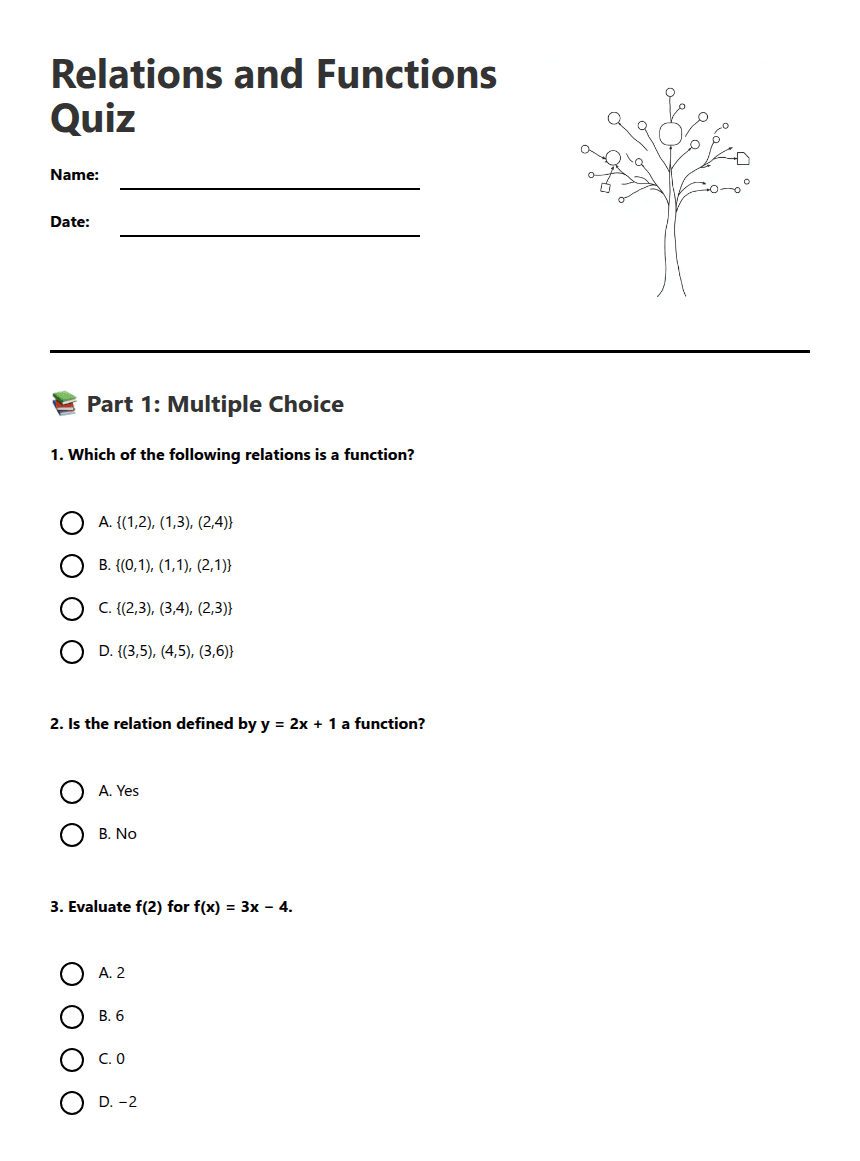 Relations and Functions Quiz worksheet preview