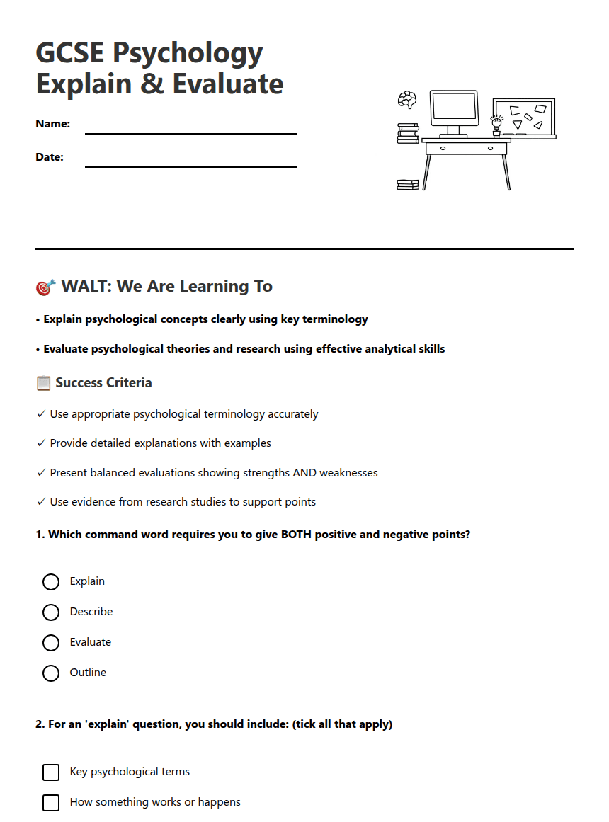 GCSE Psychology Explain & Evaluate worksheet preview