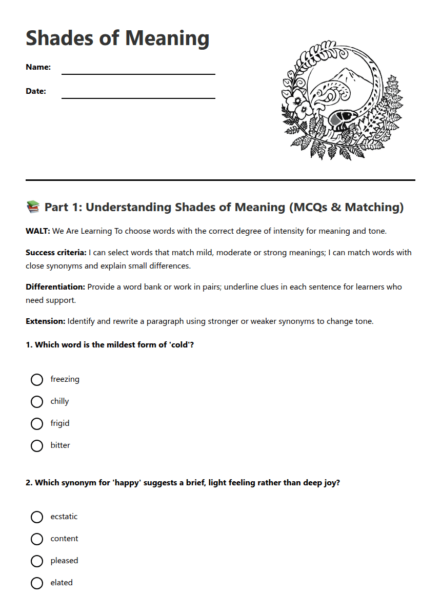 Shades of Meaning worksheet preview