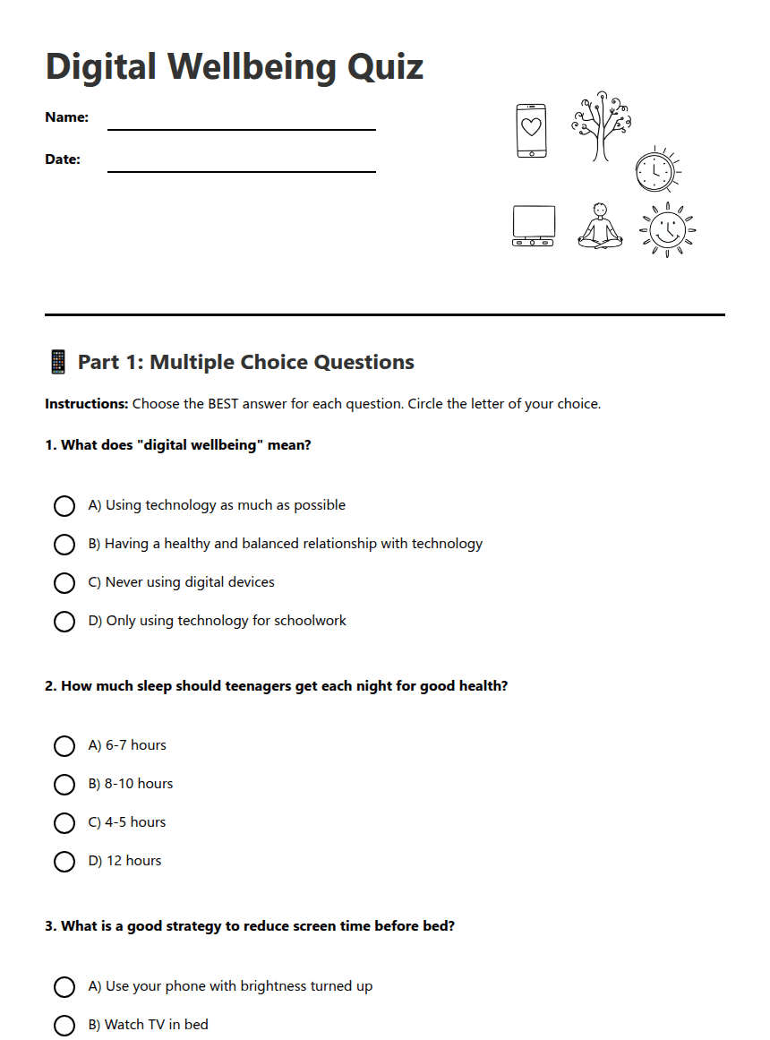 Digital Wellbeing Quiz worksheet preview