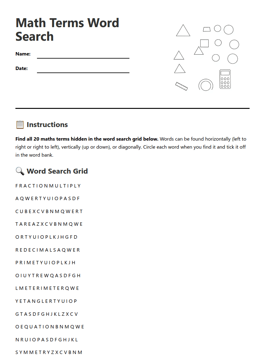 Math Terms Word Search worksheet preview