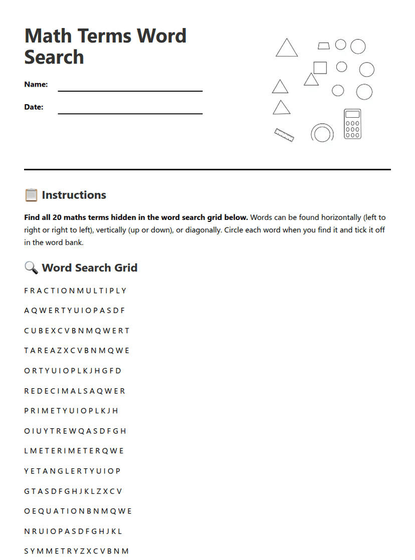 Math Terms Word Search