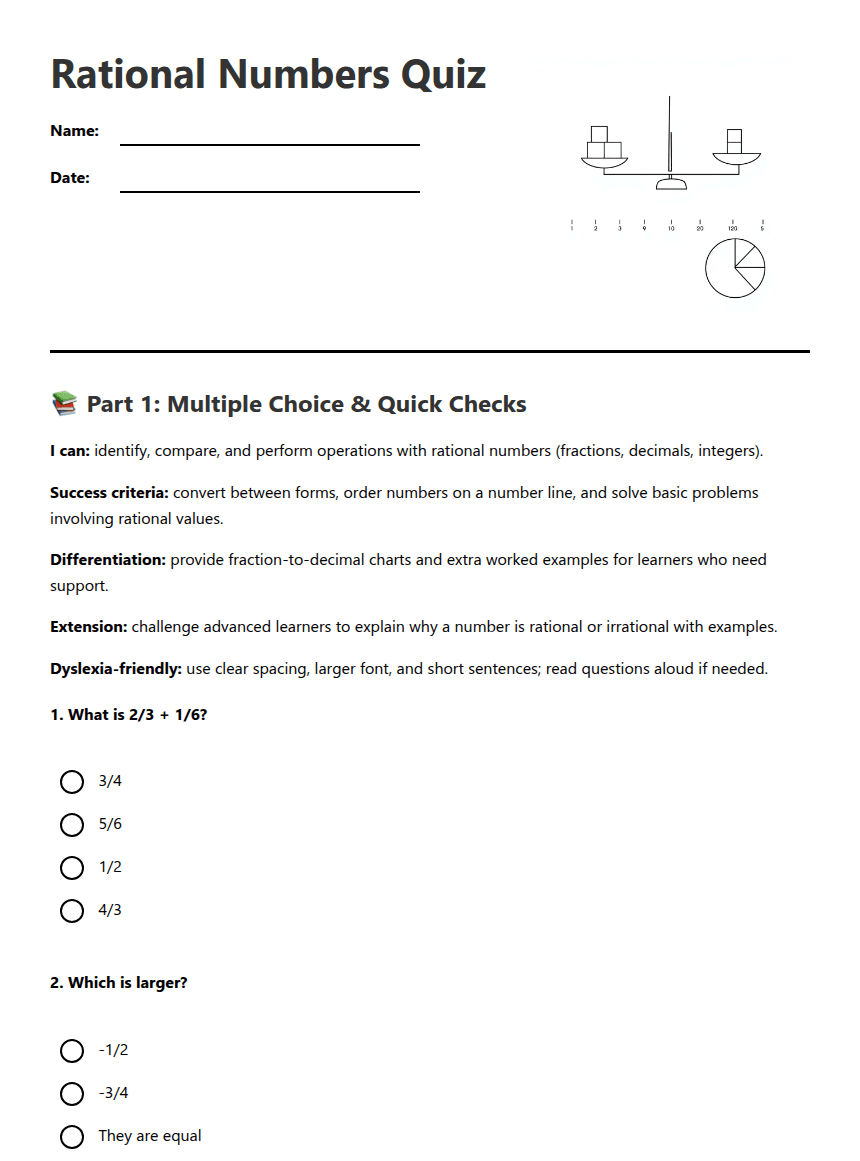 Rational Numbers Quiz worksheet preview