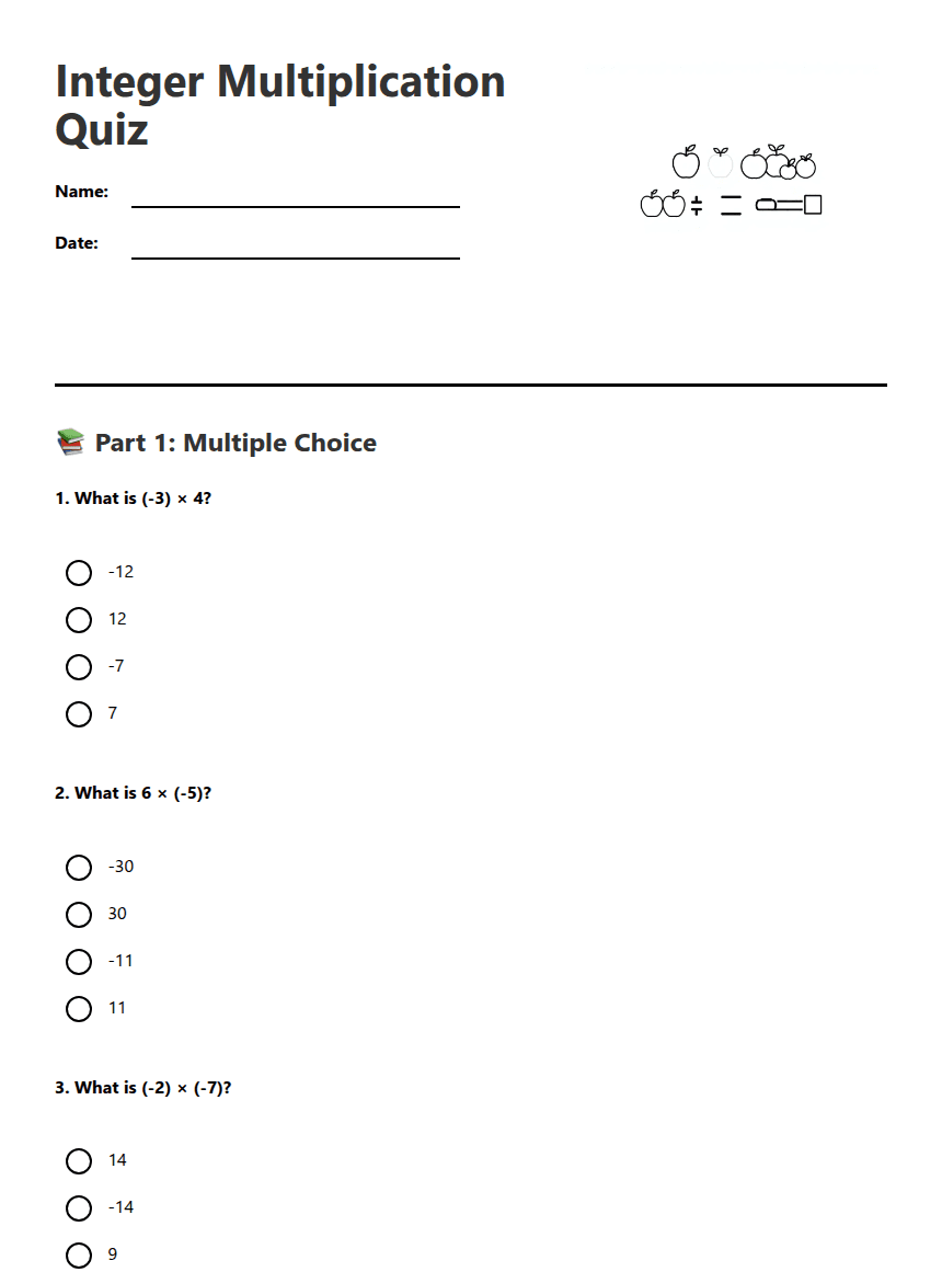 Integer Multiplication Quiz worksheet preview