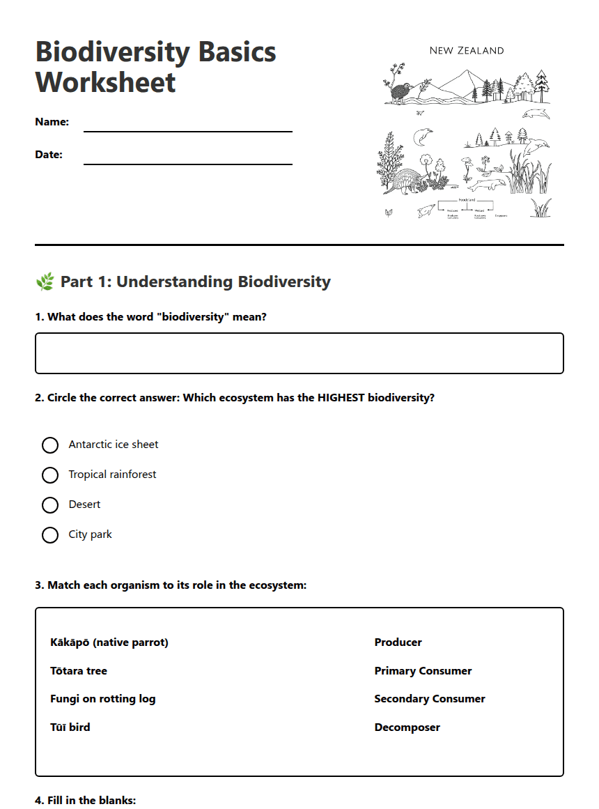 Biodiversity Basics Worksheet worksheet preview
