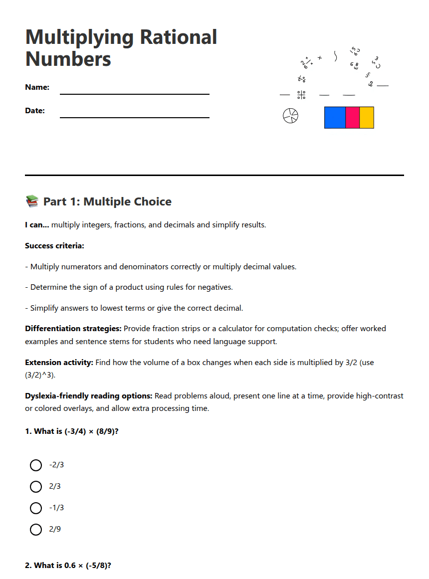 Multiplying Rational Numbers worksheet preview