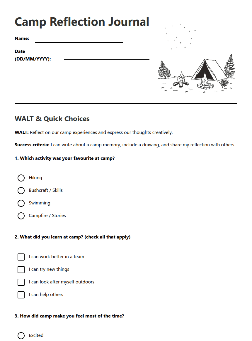 Camp Reflection Journal worksheet preview