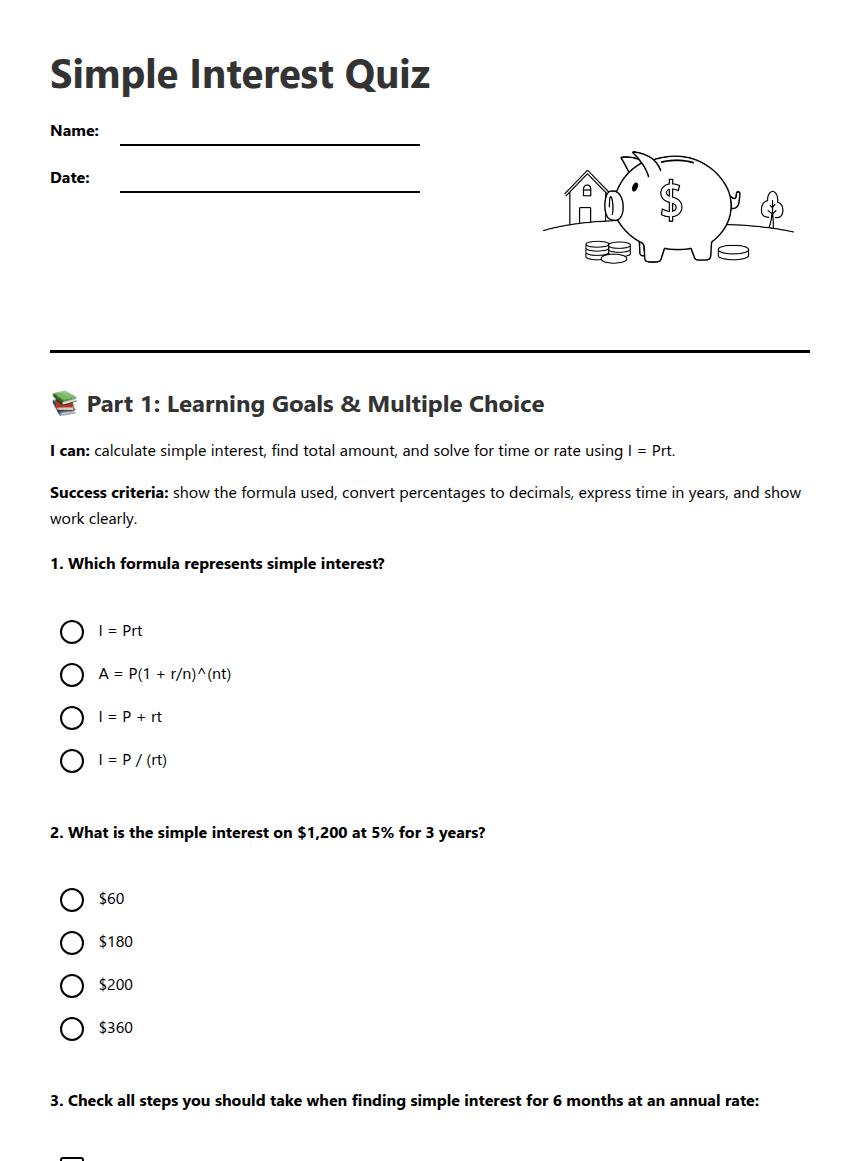 Simple Interest Quiz worksheet preview